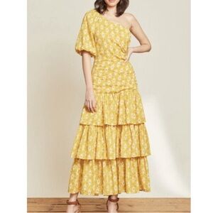 Veronica Beard Yellow Floral Tiered Maxi Dress